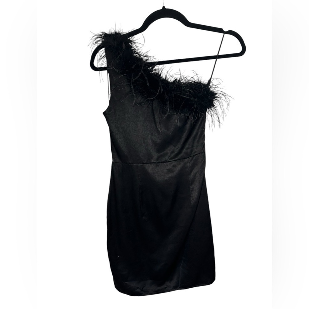 Altar’d State Feather Detail Satin One Shoulder Little Black Dress Women’s Sz XS - Picture 3 of 13